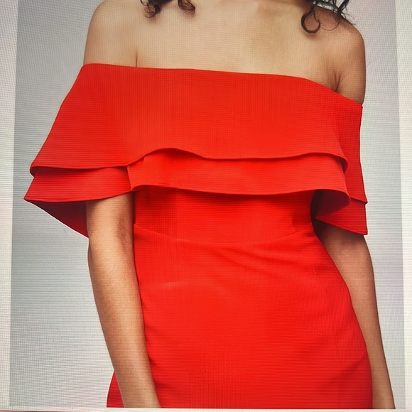 Flounced crepe off-the-shoulder sheath dress - Picture 3 of 5